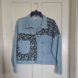 Andree Light Blue Jean Jacket with Leopard Print